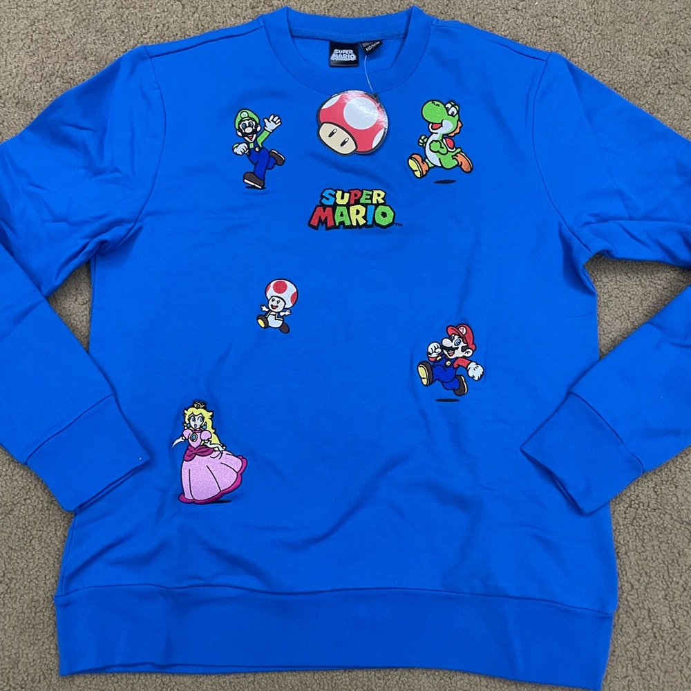 Nintendo Super Mario embroidered Characters Blue Crewneck Sweatshirt